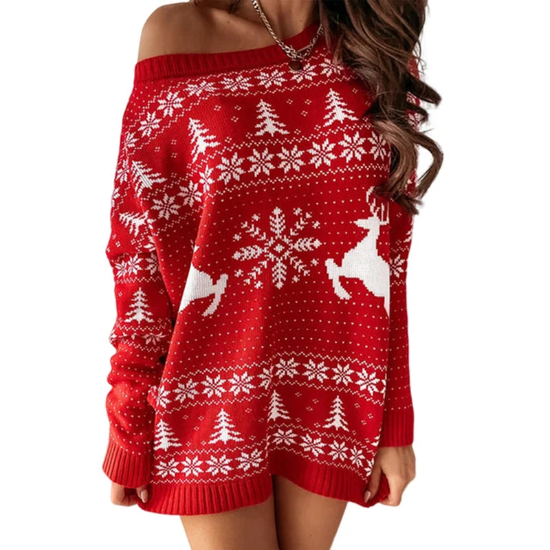 Retro Santa Snow Deer Mini Sweater Dress for Women