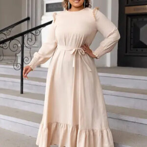 Ruffle Trim Belted Dress with Flattering Hem