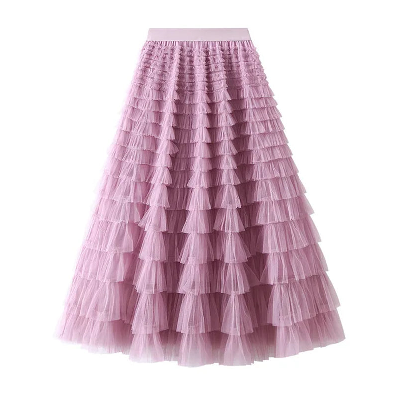 Ruffled Mesh Pleated Long Skirt for Women