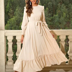 Ruffled Trim Belted Dress with Shirred Cuffs