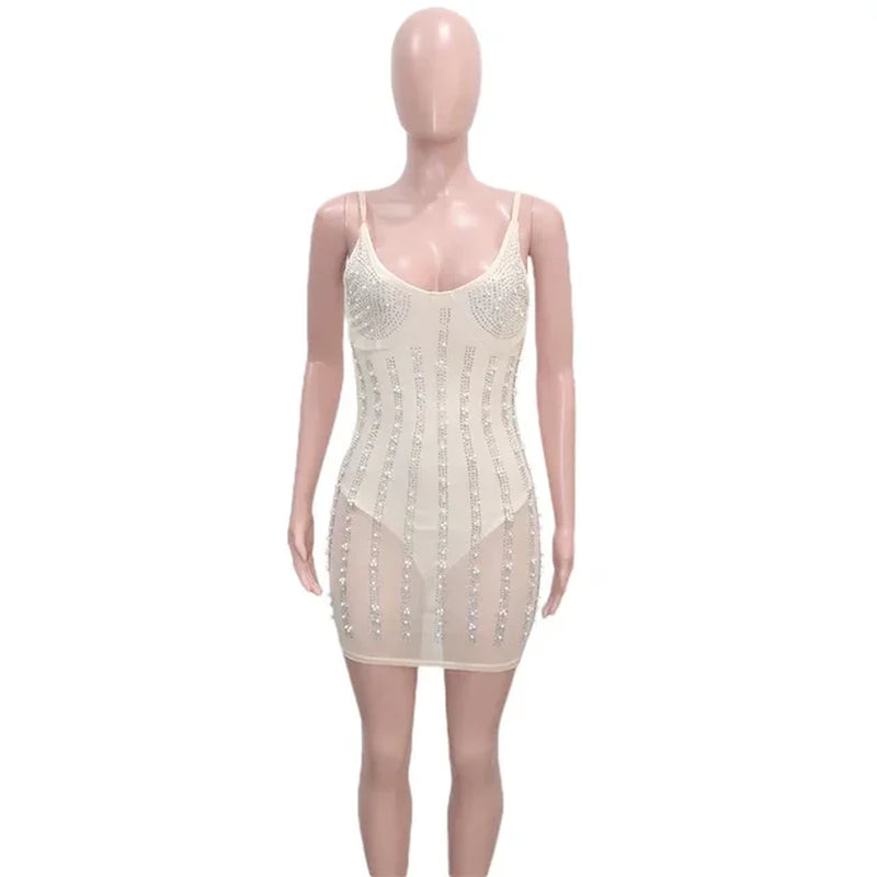 See-Through Pearls Crystal Sequin Bodycon Party Dress