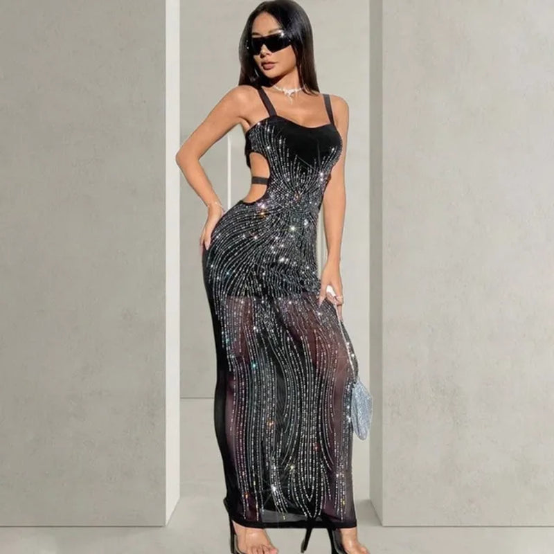 See-Through Rhinestone Cutout Bodycon Midi Maxi Dress