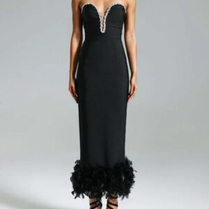Sexy Black Strapless Feather Bodycon Dress for Evening Events