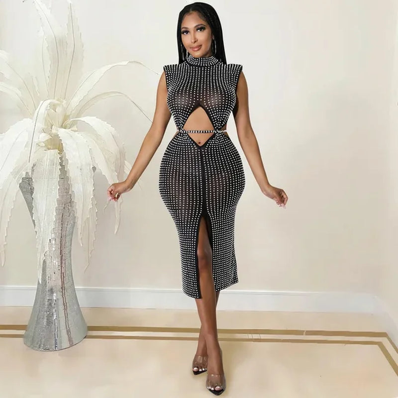 Sexy Cutout Waist Split Midi Dress with Rhinestones