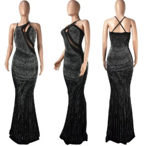 Sexy Halter Neck Bodycon Maxi Dress with Rhinestones