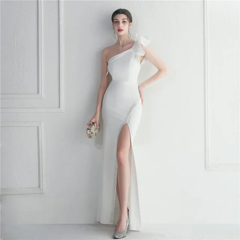 Sexy One Shoulder Ruffle Split Evening Dress for Women