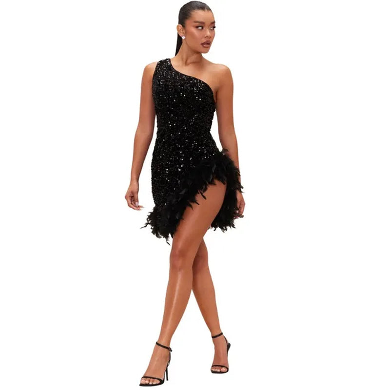 Sexy One-Shoulder Sequined Bodycon Mini Dress for Parties