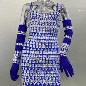 Sexy Sleeveless Crystal Bodycon Mini Dress with Gloves