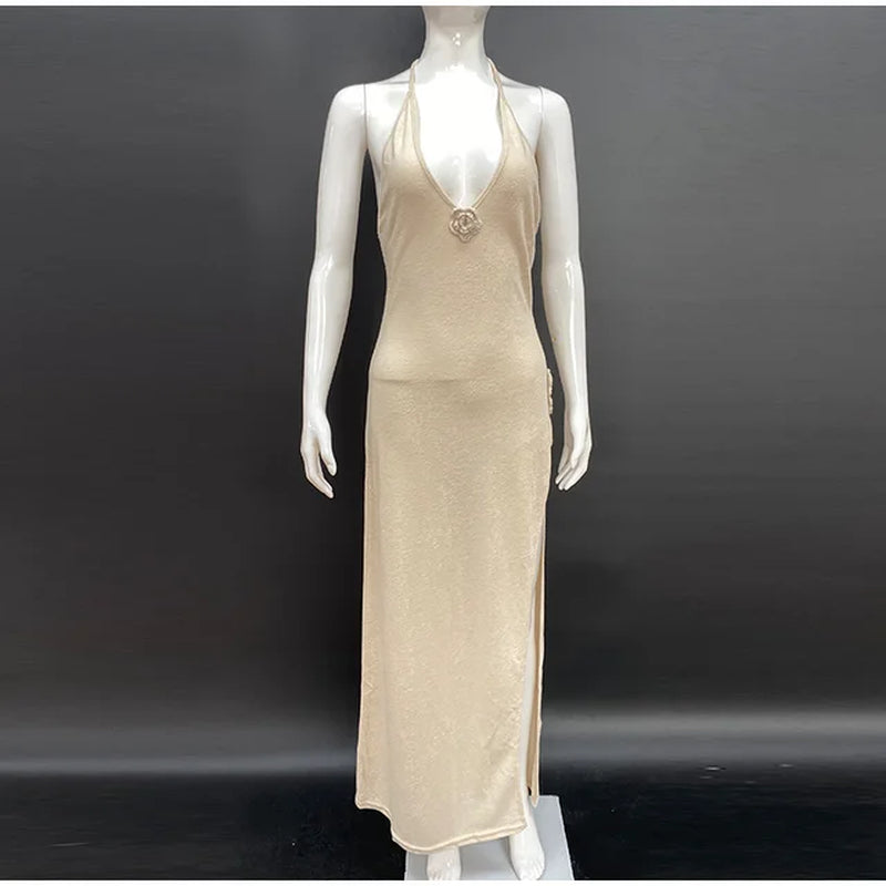 Sexy V-Neck Backless 3D Flower Lace Maxi Dress