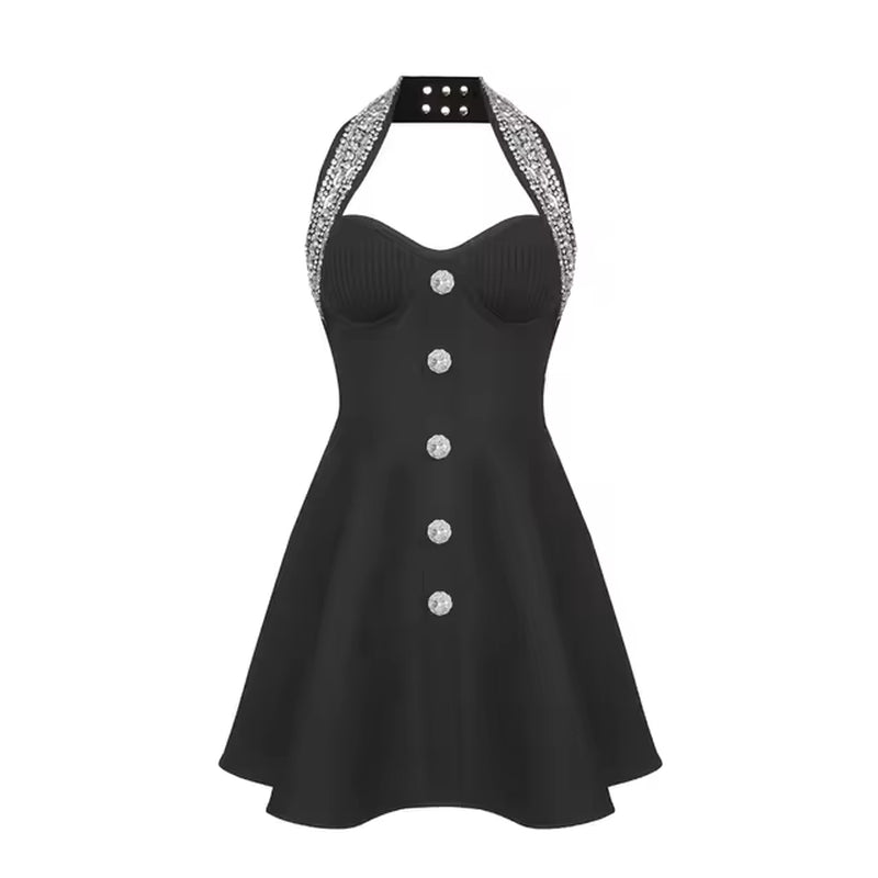 Shimmering Rhinestone Black Halter A-Line Evening Dress