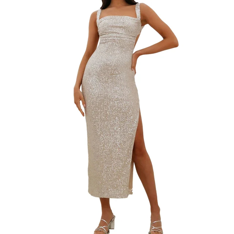 Shiny Backless Spaghetti Strap Maxi Dress with Side Slit