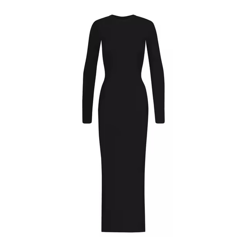 Solid Color Cotton Long Sleeve Slim Fit Dress for Women
