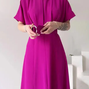 Solid Color Round Neck Short Sleeve Belted Slim Dress