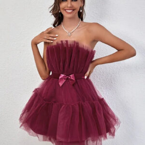 Solid Pink Ruched Strapless Dress for Parties