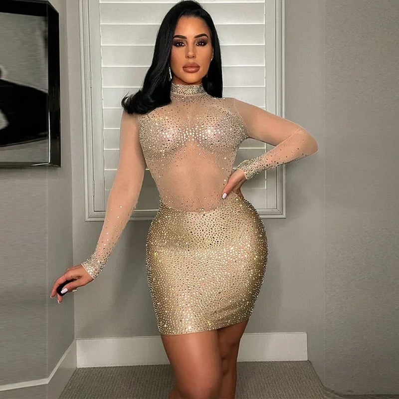 Sparkly Rhinestone Mesh Bodycon Dress for Party Nights