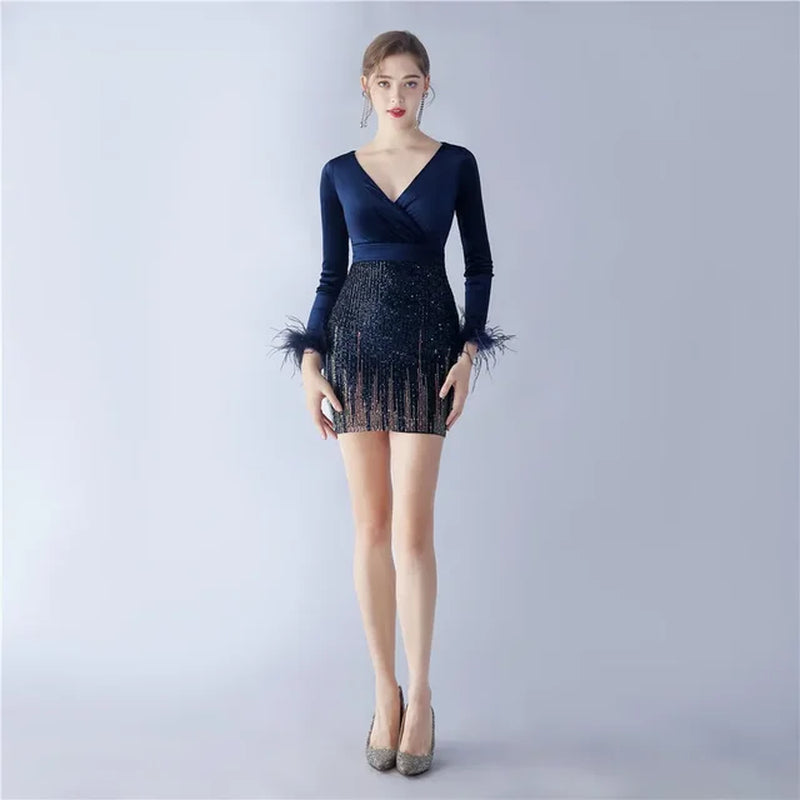 Sparkly Sequin Mini Dress for Women - Velvet Bodycon Party Dress