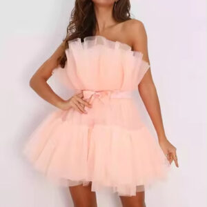 Strapless Mesh Bow Puffy Skirt Dress for Women