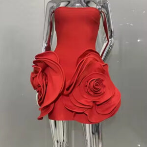 Strapless Red Mini Dress with Stereoscopic Flowers for Parties