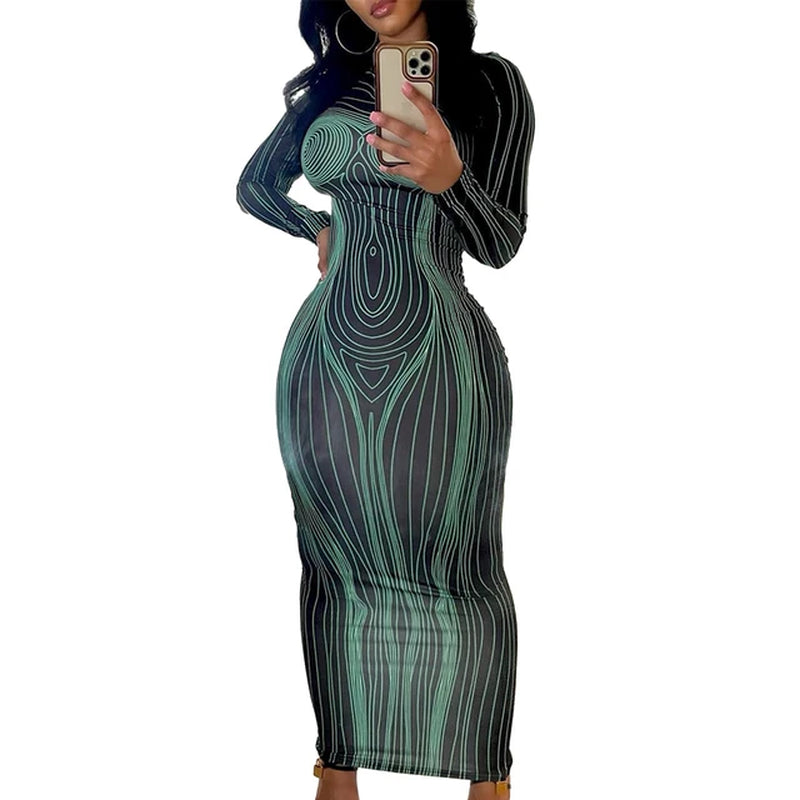Striped Long Sleeve Bodycon Maxi Dress for Women