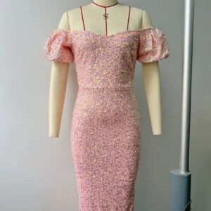 Stunning Deep V Sequin Bubble Sleeve Evening Dress