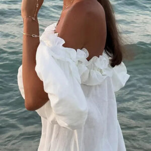 Stylish One-Line Neck Split Cotton and Hemp Dress