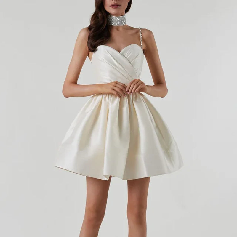 Stylish Summer Women's Pleated Strap Dress with Rhinestones