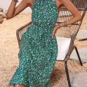 Summer Floral Sleeveless Dress with Hanging Neck Design