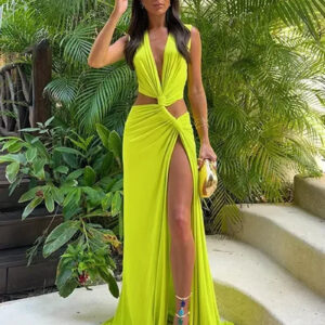 Summer Hollow Out High Waist V Neck Maxi Dress