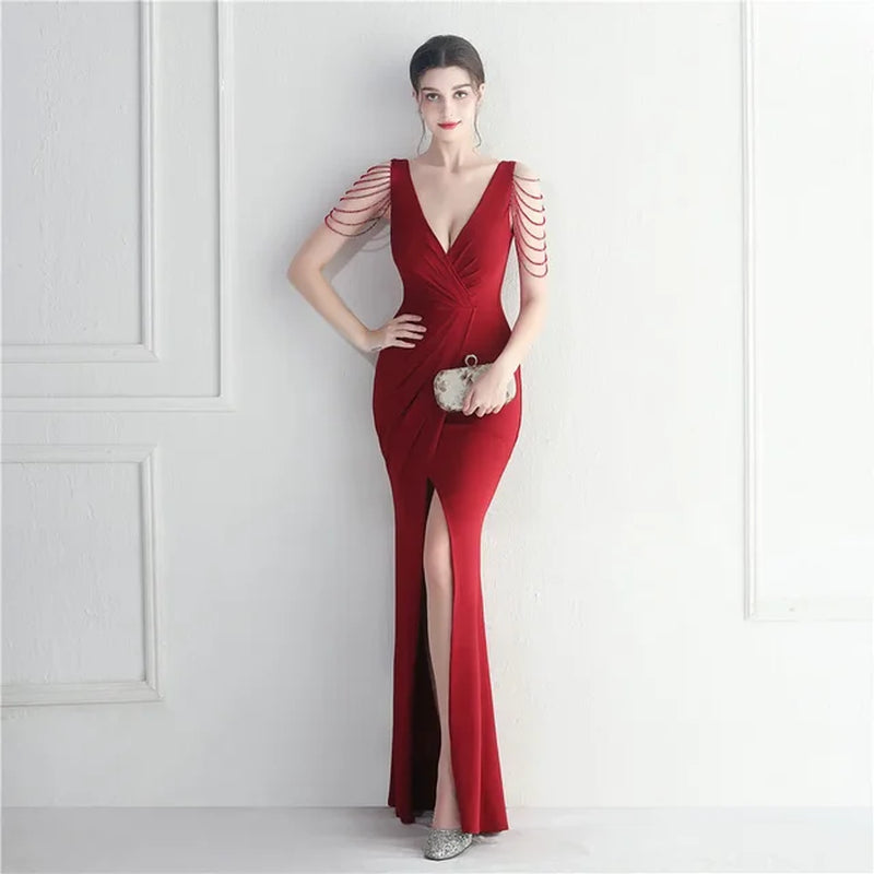 Summer Ruched Bodycon Dress - Sexy V-Neck Maxi
