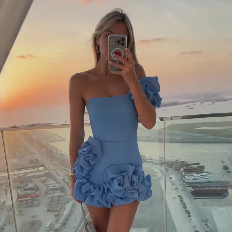 Summer Ruffled One-Shoulder Dress with Waist Wrap Skirt