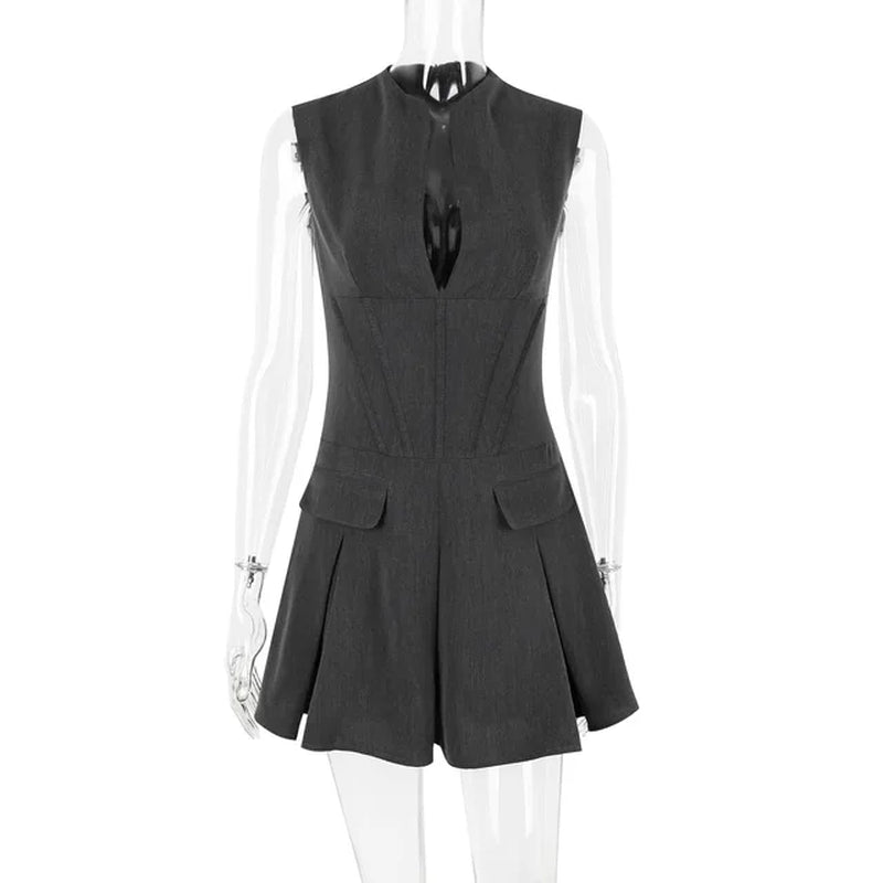 Summer Sleeveless V Neck Pocket Pleated Mini Dress