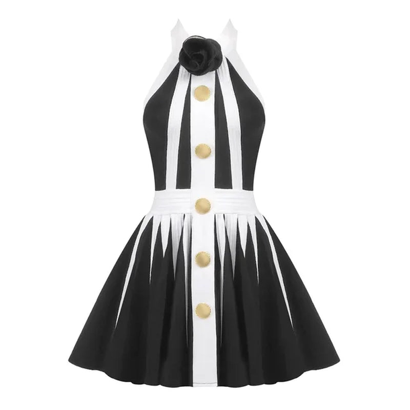 Summer Striped Halter Mini Dress with 3D Rose Detail