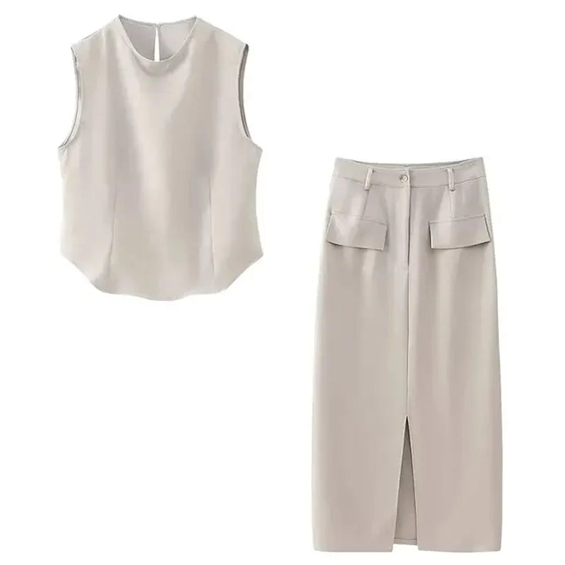 Summer Women's Casual 2-Piece Sleeveless Tank & Midi Skirt Set
