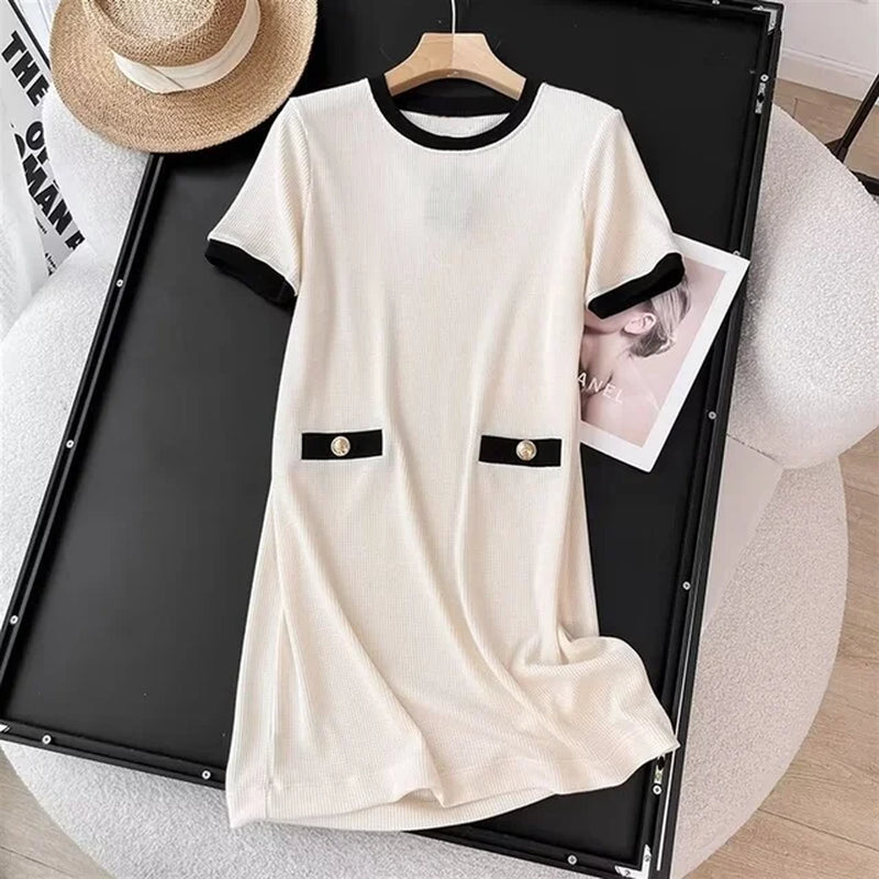 Summer Women's Contrast Color Splicing Round Neck Dress