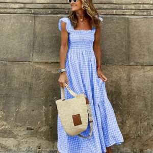 Summer Women's Patchwork Plaid Suspender Dress with Large Hem