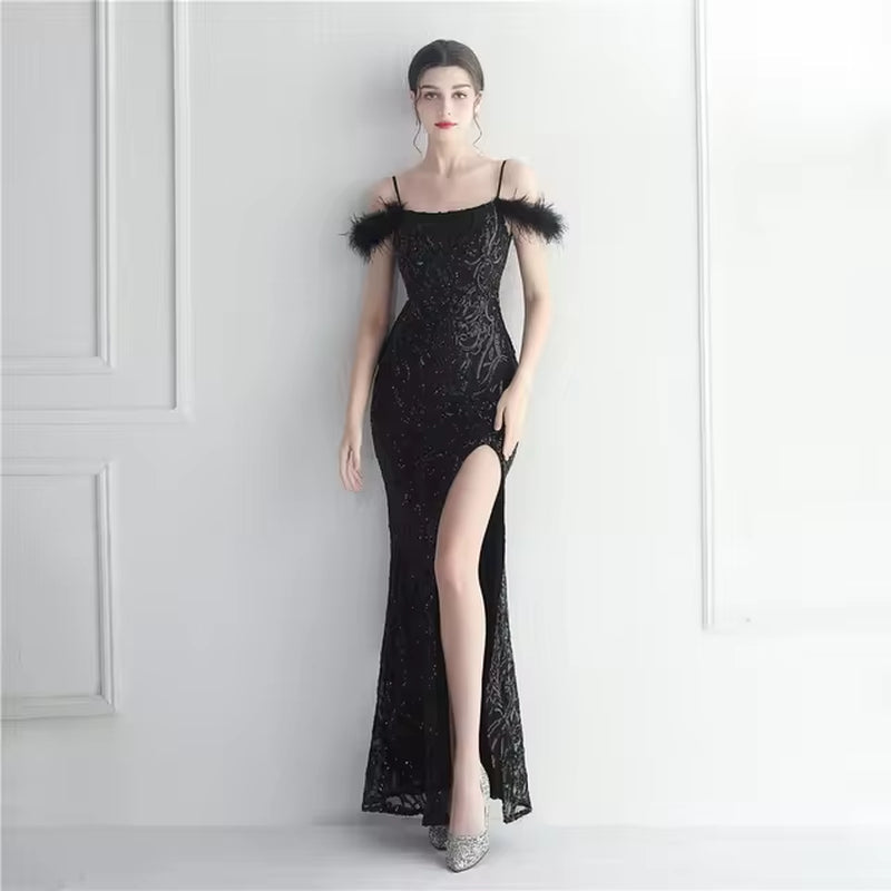 Sweetheart Mermaid Sequin Dress with Feathers for Evening Events