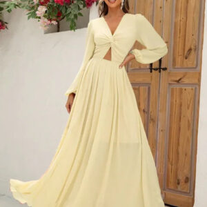 Twist Front Cut Out Lantern Sleeve Maxi Dress