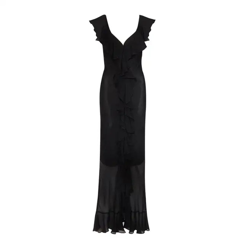 V-Neck Chiffon Dress with Irregular Ruffled Slit Design