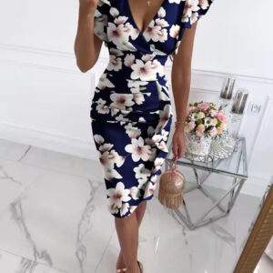 V-Neck Ruffled Floral Print Mid-Length Dress for Women