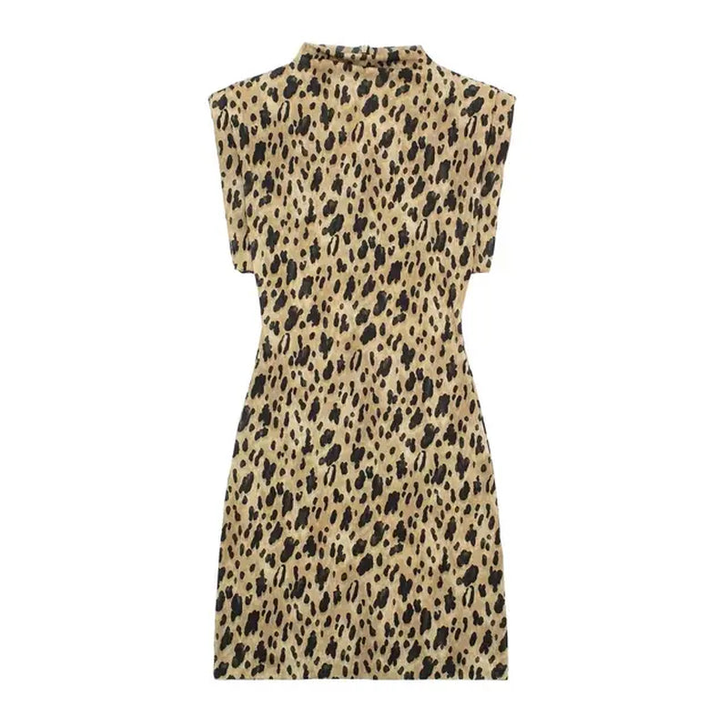 Vintage Leopard Print Sleeveless Turtleneck Mini Dress for Women