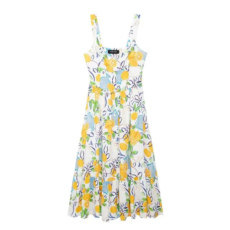Vintage Linen Print Slim Fit Midi Dress for Women