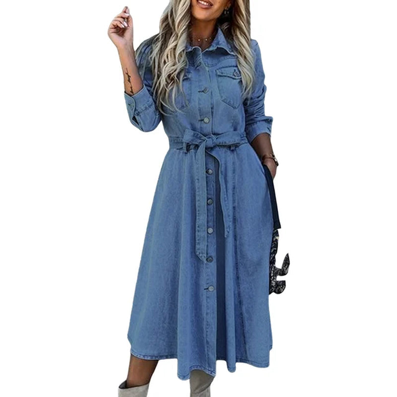 Vintage Loose Fit Denim Shirt Dress for Women