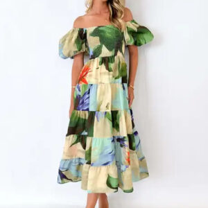 Vintage Off-Shoulder Puff Sleeve Maxi Dress for Summer