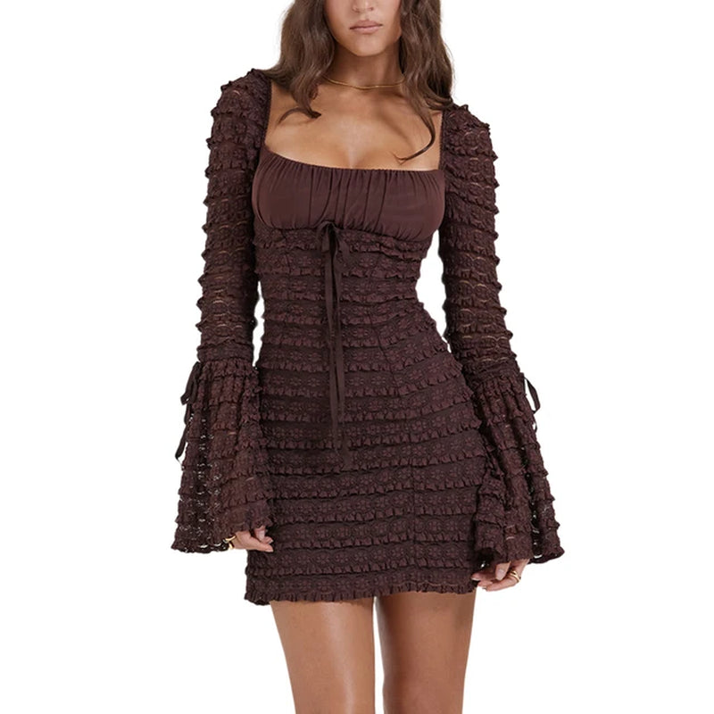 Vintage Style Square Neck Flare Sleeve Mini Dress