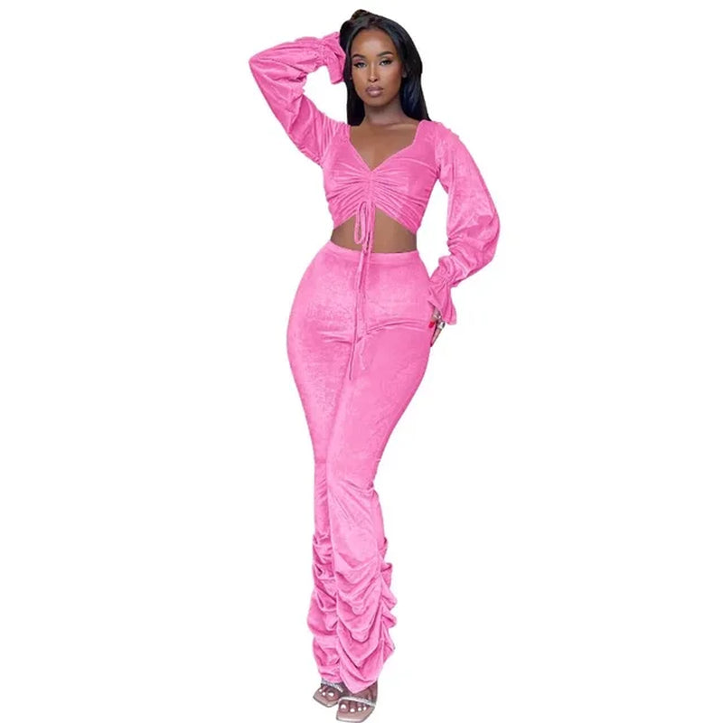 Warm Velvet Women's Crop Top and Wide Leg Pants Set