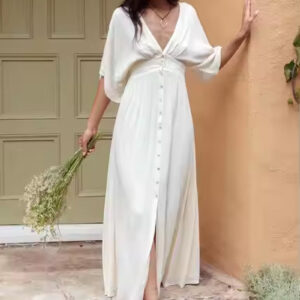 White Beach Party Dress - Casual Short-Sleeve V-Neck