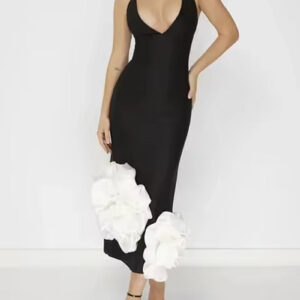 Womenâ€™s Black Spaghetti Strap Bodycon Dress with 3D Flowers