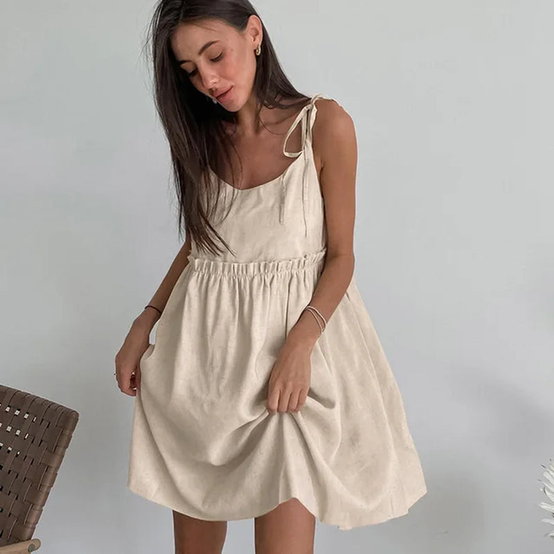 Women's Brown Cotton Linen A-Line Dress for Spring/Summer