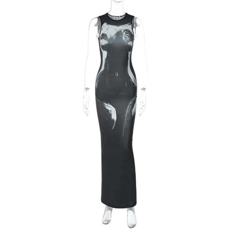 Womenâ€™s Casual Y2K Print Bodycon Maxi Dress