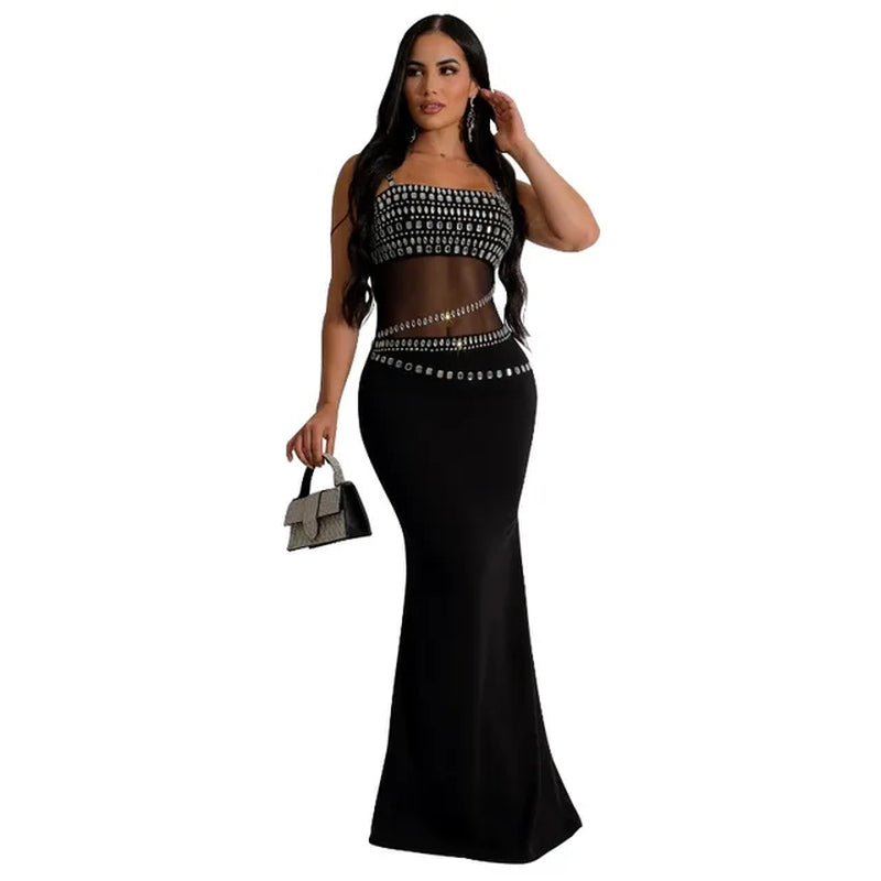 Women's Hollow Out Diamond Strap Bodycon Maxi Dress